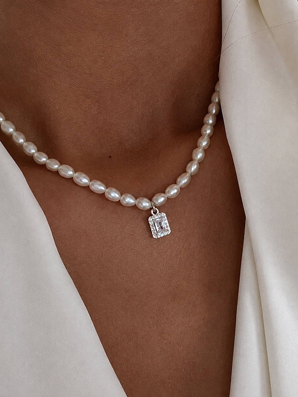 Freshwater Pearl Necklace with Emerald-Cut Zircon Pendant